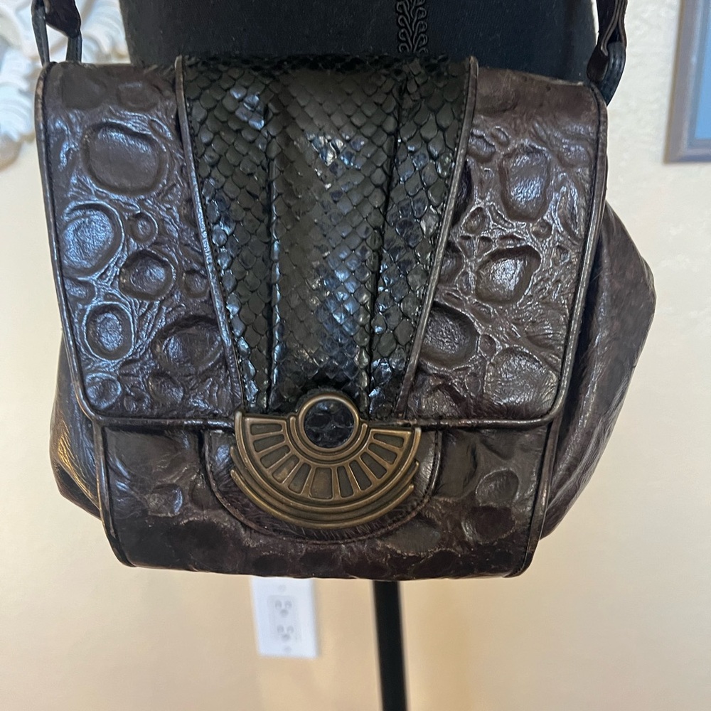 Vtg Sharif Black Leather With Python Crossbody Bl… - image 1
